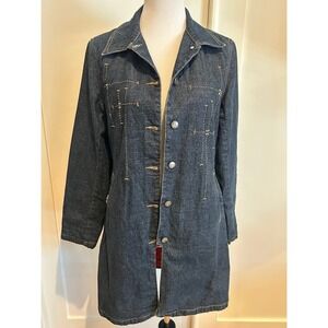 Women's Dark Wash Denim Button Front Long Sleeve Embroidered Lined Jacket Coat